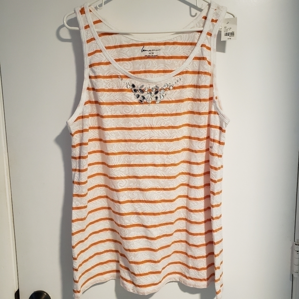 LANE BRYANT ORANGE WHITE STRIPED LACE TANK TOP WITH BLING NWT